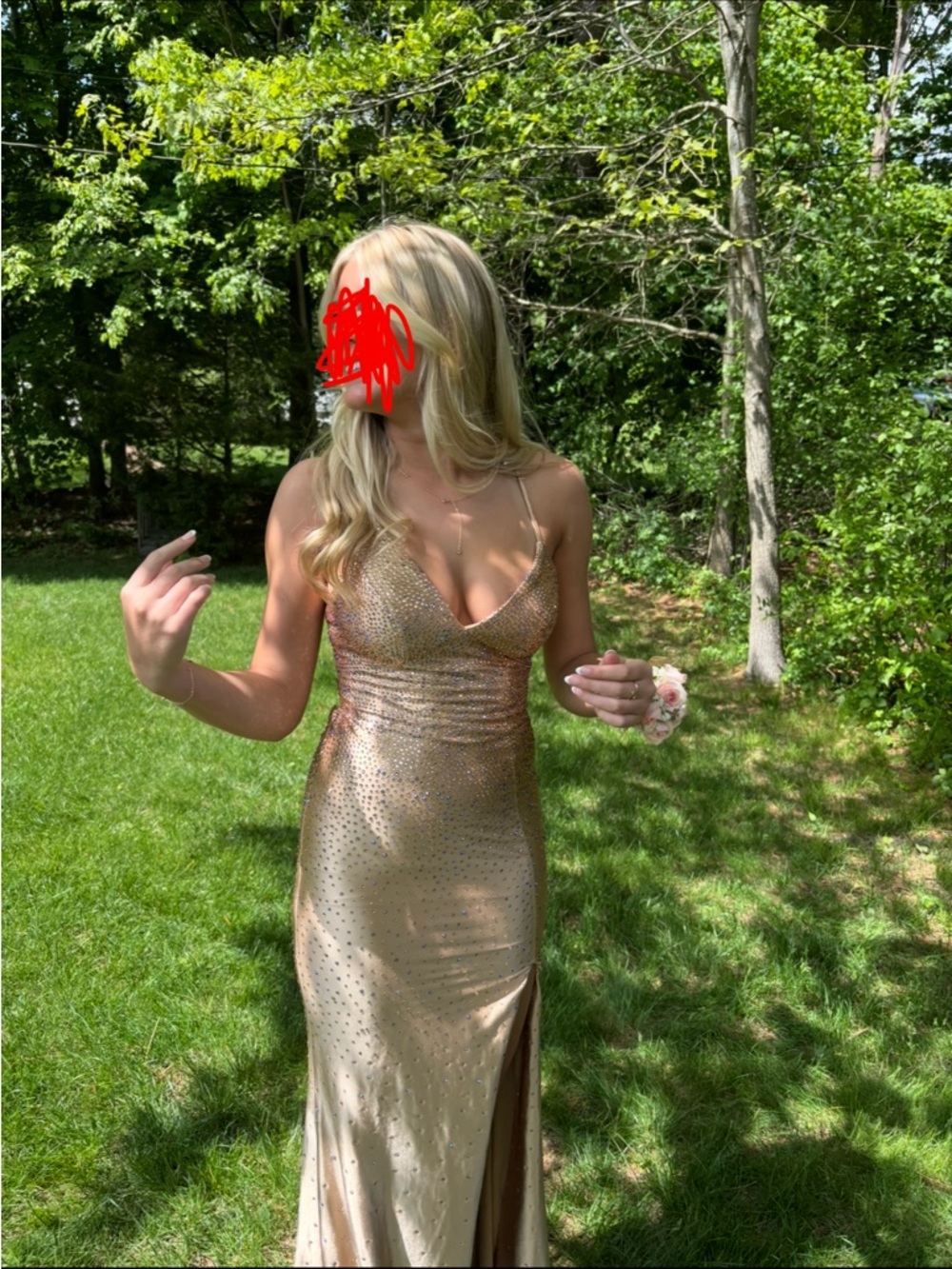 Faviana Champagne Sequin Spaghetti Strap Prom Dress